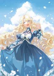 Rule 34 | 1girl, :d, antenna hair, blonde hair, blue dress, blue eyes, blue sky, cloud, cloudy sky, commentary, day, detached sleeves, dress, english commentary, eyebrows hidden by hair, flower, frilled dress, frills, hair flower, hair ornament, hand up, haruri, highres, juliet sleeves, long hair, long sleeves, open mouth, original, outdoors, puffy sleeves, sky, sleeveless, sleeveless dress, smile, solo, very long hair, white flower, white sleeves