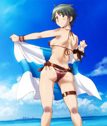 Rule 34 | 1girl, ass, battleship, belt, bikini, blue sky, breasts, brown belt, butt crack, cloud, commentary request, feet out of frame, flag, from behind, green eyes, green hair, holding, holding flag, kantai collection, looking at viewer, medium breasts, military, military vehicle, mogami (kancolle), ocean, red bikini, sameha ikuya, ship, short hair, side-tie bikini bottom, sideboob, sky, smile, solo, standing, swept bangs, swimsuit, thigh strap, warship, watercraft, wristband