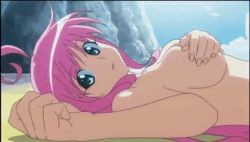 Rule 34 | 1girl, animated, animated gif, beach, breast press, breasts, cleavage, covering privates, covering breasts, green eyes, lala satalin deviluke, large breasts, long hair, looking at viewer, lowres, lying, nude, pink hair, screencap, smile, solo, to love-ru, topfreedom, topless