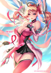 Rule 34 | 1girl, alternate hairstyle, artist name, bare shoulders, black skirt, blonde hair, blue eyes, blue sky, breasts, character name, cian yo, cleavage, criss-cross halter, dress, gloves, hair ribbon, halo, halterneck, hand on own chest, highres, large breasts, lips, looking at viewer, mechanical halo, mechanical wings, mercy (overwatch), miniskirt, nose, official alternate costume, outdoors, overwatch, overwatch 1, parted lips, pelvic curtain, pink dress, pink lips, pink mercy, pink ribbon, pink thighhighs, pleated skirt, ribbon, signature, skirt, sky, solo, thighhighs, twintails, watermark, web address, wings