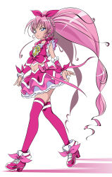 Rule 34 | 10s, 1girl, blue eyes, boots, bow, braid, choker, cure melody, frilled skirt, frills, full body, heart, high heels, highres, houjou hibiki, long hair, looking at viewer, magical girl, midriff, navel, pink bow, pink hair, pink skirt, pink thighhighs, precure, serious, shirt, shoes, simple background, skirt, solo, suite precure, thighhighs, tospal, twintails, very long hair, walking, white background, wrist cuffs