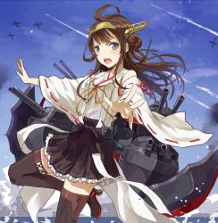 Rule 34 | 10s, 1girl, ahoge, bare shoulders, battle, blue sky, boots, brown hair, brown skirt, day, detached sleeves, double bun, frilled skirt, frills, grey eyes, hairband, hakama, hakama skirt, headgear, highres, japanese clothes, jewelry, kantai collection, kongou (kancolle), leg up, long hair, looking at viewer, machinery, nontraditional miko, open mouth, outstretched hand, pleated skirt, ribbon-trimmed sleeves, ribbon trim, ring, skirt, sky, solo, stflash, thigh boots, thighhighs, wedding band
