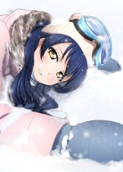 Rule 34 | 1girl, absurdres, artist name, artist request, blue hair, blue mittens, blush, breasts, brown eyes, close-up, coat, female focus, goggles, goggles on head, hair between eyes, highres, long hair, looking at viewer, love live!, love live! school idol project, mittens, parted lips, ski goggles, smile, snow, snowing, solo, sonoda umi, swept bangs, teeth, winter, winter clothes, winter coat, winter gloves, yellow eyes