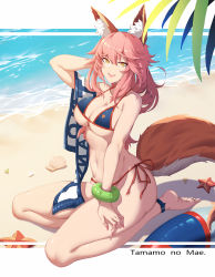 Rule 34 | 10s, 1girl, animal ear fluff, animal ears, barefoot, beach, bikini, blue bikini, bracelet, breasts, character name, cleavage, day, fang, fate/extra, fate/grand order, fate (series), fox ears, fox tail, groin, halterneck, hand in own hair, highres, jewelry, large breasts, long hair, looking at viewer, navel, ocean, open mouth, outdoors, pink hair, sand, seashell, seiza, shell, side-tie bikini bottom, sitting, solo, starfish, string bikini, summer, swimsuit, tail, tamamo (fate), tamamo no mae (fate/extra), tamamo no mae (swimsuit lancer) (fate), water, yellow eyes, yurix