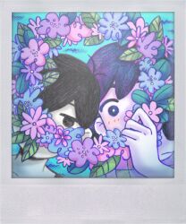 Rule 34 | 2boys, antenna hair, black eyes, black hair, blue flower, blush, bright pupils, checkered clothes, checkered shirt, child, collarbone, colored skin, covered mouth, flower, flower wreath, game cg, grass, hair behind ear, hair between eyes, hand up, head wreath, holding, holding wreath, kel (headspace) (omori), kel (omori), leaf, looking at viewer, lowres, multiple boys, no pupils, official art, omocat, omori, omori (omori), one eye covered, outdoors, pink flower, purple eyes, purple flower, purple hair, shirt, short hair, third-party source, upper body, white pupils, white skin