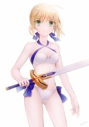 Rule 34 | 1girl, ahoge, artist name, artoria pendragon (all), artoria pendragon (fate), artoria pendragon (swimsuit archer) (first ascension) (fate), bad id, bad pixiv id, bare arms, bare shoulders, bikini, blonde hair, braid, breasts, collarbone, commentary request, excalibur (fate/stay night), fate/grand order, fate/stay night, fate (series), green eyes, hair ribbon, holding, holding sword, holding weapon, looking at viewer, medium breasts, noru (lila2), ribbon, saber (fate), short hair, simple background, smile, solo, swimsuit, sword, weapon, white background, white bikini