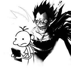 Rule 34 | 2boys, book, collarbone, commentary, crossover, death note, death note (object), diary of a wimpy kid, english commentary, figburn, greg heffley, greyscale, holding, holding book, male focus, monochrome, multiple boys, ryuk, sharp teeth, shinigami, smile, teeth, white background, widow&#039;s peak