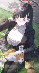 Rule 34 | 1girl, absurdres, animal, animal on lap, black hair, black jacket, black pantyhose, black skirt, blue archive, blunt bangs, breasts, bright pupils, cat, closed mouth, dated commentary, halo, hand up, highres, id card, jacket, large breasts, long hair, long sleeves, looking to the side, on lap, outdoors, pantyhose, red eyes, rio (blue archive), sitting, skirt, solo, sweater, sysen, turtleneck, turtleneck sweater, watch, white pupils, wristwatch