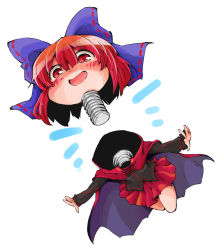 Rule 34 | 1girl, blush, bow, cape, disembodied head, hair bow, highres, open mouth, red eyes, red hair, red skirt, screw, sekibanki, shinapuu, short hair, simple background, skirt, smile, solo, touhou, white background