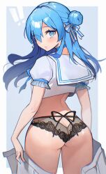 Rule 34 | !, 1girl, :o, arms at sides, ass, back, black panties, blue choker, blue eyes, blue hair, blue nails, butt crack, choker, crop top, earrings, flower panties, hair between eyes, hair ornament, hair ribbon, highres, holding, holding clothes, holding skirt, hololive, hoshimachi suisei, hoshimachi suisei (school uniform), jewelry, lace, lace choker, lace panties, long hair, looking at viewer, looking back, nail polish, panties, pleated skirt, ponytail, potepotechi, ribbon, ribbon panties, sailor collar, school uniform, serafuku, shirt, short sleeves, side ponytail, simple background, skirt, solo, standing, star (symbol), star in eye, surprised, symbol in eye, underwear, virtual youtuber, white sailor collar, white serafuku, white shirt