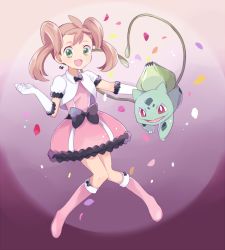 Rule 34 | 1girl, :d, bad id, bad pixiv id, black bow, black neckwear, boots, bow, bowtie, brown hair, bulbasaur, creatures (company), cropped jacket, dress, earrings, game freak, gen 1 pokemon, green eyes, jewelry, large bow, looking at viewer, mei (maysroom), nintendo, open mouth, petals, pink dress, pink legwear, plant, pokemon, pokemon (anime), pokemon (creature), pokemon xy (anime), quad tails, shauna (pokemon), smile, vines