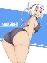 Rule 34 | 1girl, ass, bikini, black bikini, blue background, breast pocket, breasts, character name, dark-skinned female, dark skin, english text, eyewear on head, hair between eyes, hair flaps, headgear, hip focus, huge ass, kantai collection, large breasts, leaning forward, long hair, looking at viewer, looking back, musashi (kancolle), open mouth, pocket, red eyes, shigino sohuzi, smile, solo, sunglasses, swimsuit, tan, thick thighs, thighs, twintails, two-tone background, white background, white hair, wide hips