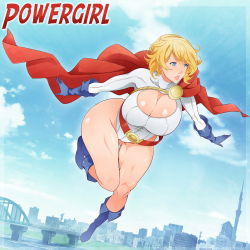 Rule 34 | 1girl, absurdres, belt, blonde hair, blue eyes, blue footwear, blue gloves, breasts, bridge, cape, character name, city, cleavage, cleavage cutout, clothing cutout, dc comics, female focus, flying, full body, gloves, highres, huge breasts, leotard, power girl, red belt, shoes, short hair, solo, x-t3al