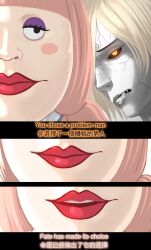 Rule 34 | 1boy, 1girl, blonde hair, charlotte chiffon, chinese text, cigarette, closed mouth, curly eyebrows, english text, fang, hair over one eye, highres, lipstick, long hair, makeup, one piece, open mouth, pink hair, red lips, sanji (one piece), short twintails, twintails, yoursisters