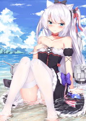 Rule 34 | 1girl, american flag, american flag print, animal ears, arm support, azur lane, bare shoulders, black bow, blue bow, blue sky, blush, bow, breasts, cannon, cat ears, cat hair ornament, closed mouth, cloud, collarbone, commentary request, day, detached sleeves, dress, flag print, green eyes, hair between eyes, hair bow, hair ornament, hair ribbon, hammann (azur lane), long hair, looking at viewer, mountain, no shoes, ocean, one side up, outdoors, panties, puffy short sleeves, puffy sleeves, red ribbon, ribbon, rong yi tan, shallow water, short sleeves, silver hair, sitting, sky, small breasts, solo, strapless, strapless dress, thighhighs, turret, underwear, v-shaped eyebrows, very long hair, water, wavy mouth, white dress, white panties, white thighhighs