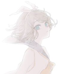 Rule 34 | 1girl, aqua eyes, arched back, backlighting, bare shoulders, blonde hair, bow, commentary, eyelashes, flat chest, floating hair, grey sailor collar, hair bow, hair ornament, hairclip, highres, kagamine rin, looking at viewer, neckerchief, pale color, parted lips, sailor collar, seki (kreuz4360), shirt, short hair, sideways glance, sleeveless, sleeveless shirt, solo, upper body, vocaloid, white background, yellow neckerchief