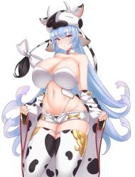 Rule 34 | 1girl, animal ears, animal print, banditkeith18, bikini, bikini top only, blue hair, breasts, bright pupils, catura (granblue fantasy), cleavage, closed mouth, cow ears, cow girl, cow hat, cow horns, cow print, cow tail, detached collar, detached sleeves, dot mouth, draph, gold trim, granblue fantasy, groin, highres, horns, huge breasts, long hair, micro shorts, midriff, navel, orange eyes, shorts, solo, stomach, swimsuit, tail, thighhighs, very long hair, white background, wide sleeves