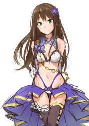 Rule 34 | 10s, 1girl, adapted costume, arms behind back, bad id, bad twitter id, bare shoulders, blue dress, boots, bow, breasts, brown hair, chain, cleavage, commentary request, dress, flower, frilled dress, frilled thighhighs, frills, green eyes, hair flower, hair ornament, highres, idolmaster, idolmaster cinderella girls, long hair, panties, shibuya rin, sketch, small breasts, smile, solo, stage of magic, takeashiro, thigh boots, thighhighs, underwear, white background, white panties