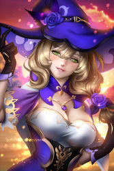 Rule 34 | 1girl, ayya sap, black gloves, blonde hair, blurry, bokeh, breasts, capelet, cleavage, depth of field, flower, framed breasts, genshin impact, glint, gloves, gold trim, green eyes, hair between eyes, hat, large breasts, lisa (genshin impact), looking at viewer, medium hair, parted lips, purple capelet, purple hat, smile, solo, tagme, witch, witch hat