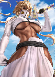 Rule 34 | 1girl, artist name, bleach, blonde hair, blue sky, breast tattoo, breasts, cloud, dandon fuga, dark-skinned female, dark skin, energy, female focus, gloves, green eyes, highres, holding, holding sword, holding weapon, large breasts, long hair, looking at viewer, mask, navel, number tattoo, revealing clothes, sky, solo, sword, tattoo, tier harribel, underboob, weapon, white gloves