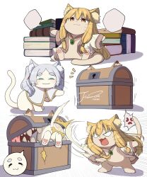 Rule 34 | absurdres, animal, animal ear fluff, animalization, blonde hair, book, book stack, cat, clothed animal, frieren, grey hair, highres, j humbo, mimic, mimic chest, no humans, serie (sousou no frieren), sousou no frieren