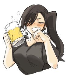 Rule 34 | 1girl, alcohol, beer, beer mug, black hair, black shirt, blush, breasts, closed eyes, cup, higaragi, highres, holding, holding cup, kantai collection, large breasts, long hair, mug, nachi (kancolle), open mouth, shirt, short sleeves, side ponytail, simple background, smile, solo, upper body, white background