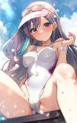 Rule 34 | 1girl, blush, breasts, cameltoe, cleft of venus, collarbone, competition swimsuit, covered navel, eyewear on head, feet out of frame, grey hair, highres, holding, holding whistle, idolmaster, idolmaster shiny colors, long hair, looking at viewer, medium breasts, one-piece swimsuit, outdoors, purple eyes, shiitake taishi, sitting, skin tight, smile, solo, swimsuit, tinted eyewear, very long hair, visor cap, whistle, yukoku kiriko