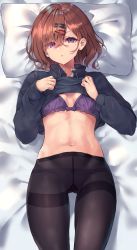 Rule 34 | 1girl, bed, bed sheet, black hoodie, black pantyhose, blush, bow, bow panties, bra, breasts, brown hair, clothes lift, commentary request, crotch seam, eyes visible through hair, from above, gusset, hair ornament, hairclip, highres, higuchi madoka, hood, hoodie, idolmaster, idolmaster shiny colors, lifted by self, long sleeves, looking at viewer, lying, mole, mole under eye, navel, no pants, on back, on bed, open mouth, panties, panties under pantyhose, pantyhose, pillow, purple bra, purple eyes, purple panties, rangen, shirt lift, short hair, small breasts, solo, thighband pantyhose, underwear