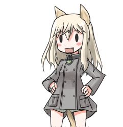 Rule 34 | 1girl, animal ears, blonde hair, blush, hand on own hip, hands on own hips, long hair, military, military uniform, msgtkurage, open mouth, ottilie kittel, strike witches, tail, thighs, uniform, world witches series