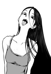 Rule 34 | 1girl, absurdres, breasts, eyelashes, greyscale, hair between eyes, highres, long hair, looking at viewer, mole, mole on shoulder, mole under eye, monochrome, muryo, open mouth, original, piercing, simple background, small breasts, solo, tank top, tongue, tongue out, tongue piercing, upper body, very long hair