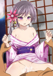 Rule 34 | 10s, 1boy, 1girl, akebono (kancolle), arm grab, bare shoulders, bell, blush, breasts, clothed female nude male, clothes lift, cowgirl position, cum, cum in pussy, flower, full moon, girl on top, hair bell, hair flower, hair ornament, hetero, highres, japanese clothes, jingle bell, kantai collection, kimono, kimono lift, kuroame (kurinohana), long hair, moon, nipples, nude, off shoulder, open mouth, purple eyes, sex, shouji, side ponytail, sky, sliding doors, small breasts, star (sky), starry sky, straddling, sweat, tears