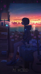 Rule 34 | 1girl, absurdres, alarm clock, bare legs, blue hoodie, cat, cellphone, clock, cloud, commentary, contrail, cushion, dirty, double exposure, english text, flock, glowing, guitar, highres, holding, holding phone, hood, hoodie, indoors, instrument, lamp, lampshade, original, paintbrush, pasoputi, phone, puffy sleeves, scenery, sitting, sky, smartphone, solo, star (sky), starry sky, sunset, variant set