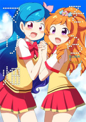 Rule 34 | 10s, 2girls, aikatsu!, aikatsu! (series), blue hair, blush, character name, cover, cover page, eromame, holding hands, himesato maria, kazesawa sora, looking at viewer, mole, mole under mouth, multiple girls, open mouth, orange hair, pink eyes, purple eyes