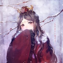 Rule 34 | 1girl, artist name, blurry, blurry background, blush, branch, brown eyes, brown hair, earrings, facial mark, forehead mark, fur trim, grey background, hand up, headpiece, highres, jewelry, long hair, long sleeves, looking at viewer, original, outdoors, smile, snowing, solo, stariwei, upper body, very long hair, wide sleeves, winter