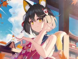 Rule 34 | 1girl, animal ear fluff, animal ears, architecture, black hair, blue archive, closed mouth, cloud, commentary request, double fox shadow puppet, east asian architecture, floral print, fox ears, fox girl, fox shadow puppet, fox tail, hair ornament, hands up, highres, izuna (blue archive), japanese clothes, kimono, leaf, looking at viewer, maple leaf, outdoors, sailor collar, shirt, short hair, single bare shoulder, sleeveless, sleeveless shirt, solo, tail, upper body, usabo01, white shirt, yellow eyes