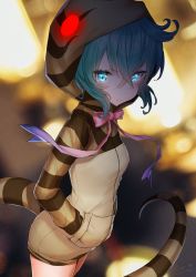 Rule 34 | 10s, 1girl, animal ears, aqua eyes, aqua hair, bad id, bad pixiv id, commentary request, cowboy shot, from side, frown, glowing, glowing eyes, hands in pockets, highres, hood, hoodie, kemono friends, long sleeves, looking at viewer, mia (miaflocon), ribbon, serious, short hair, snake tail, solo, striped clothes, striped hoodie, striped tail, tail, tsuchinoko (kemono friends)