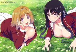 Rule 34 | 2girls, :d, advanced nurturing high school uniform, black hair, blazer, blue bow, blue bowtie, blush, bow, bowtie, bra, breasts, breasts out, buttons, closed mouth, collarbone, collared shirt, daisy, day, dress shirt, fingernails, flower, grass, hair intakes, hair ornament, hair ribbon, hand on own cheek, hand on own face, head rest, higami aya, highres, horikita suzune, jacket, kushida kikyou, large breasts, long fingernails, long hair, long sleeves, looking at viewer, lying, megami magazine, miniskirt, multiple girls, nail polish, nipples, no bra, nude filter, on stomach, open clothes, open jacket, open mouth, open shirt, orange bra, orange hair, outdoors, pink lips, pink nails, pleated skirt, red eyes, red jacket, ribbon, school uniform, shirt, short hair, skirt, smile, teeth, third-party edit, underwear, upper teeth only, white bra, white flower, white shirt, white skirt, youkoso jitsuryoku shijou shugi no kyoushitsu e