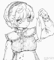 Rule 34 | 1girl, aromemi, buttons, fish, fishing hook, frilled shirt collar, frilled sleeves, frills, gloves, grey background, greyscale, hair between eyes, hairband, hand up, highres, holding, long sleeves, monochrome, neck ribbon, ribbon, shirt, short hair, simple background, striped clothes, striped shirt, upper body, vertical-striped clothes, vertical-striped shirt
