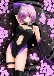 Rule 34 | 1girl, ahoge, arm up, black gloves, black leotard, black thighhighs, blush, bosutonii, breasts, cleavage, cleavage cutout, clothing cutout, cowboy shot, elbow gloves, fate/grand order, fate (series), flower, gloves, hair over one eye, highleg, highleg leotard, highres, leaning to the side, leotard, looking at viewer, mash kyrielight, medium breasts, midriff, navel, parted lips, pink flower, pink hair, pink rose, purple eyes, purple gloves, rose, short hair, solo, standing, stomach, stomach cutout, thigh strap, thighhighs