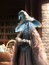 Rule 34 | 1girl, absurdres, blue dress, blue eyes, blue hair, blue headwear, blue robe, blue skin, book, cloak, colored skin, cracked skin, dress, elden ring, extra arms, extra faces, extra hands, eyes visible through headwear, fur cloak, ghost, hat, highres, holding, holding book, large hat, library, looking to the side, observatory, one eye closed, own hands clasped, own hands together, ranni the witch, robe, tsurugen, turning page, wide brim, witch, witch hat