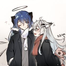 Rule 34 | 2girls, ;), ahoge, alternate costume, animal ear fluff, animal ears, arknights, black coat, blue eyes, blue hair, chinese text, closed mouth, coat, detached wings, energy wings, fur-trimmed coat, fur trim, gradient background, grey eyes, grey hair, halo, hand in pocket, height difference, highres, holding, holding stuffed toy, horns, lappland (arknights), long hair, lu yanyanyanyan, mostima (arknights), multiple girls, one eye closed, open clothes, open coat, red scarf, scar, scar across eye, scar on face, scarf, smile, stuffed animal, stuffed rabbit, stuffed toy, translated, white background, white scarf, wings, wolf ears