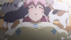 Rule 34 | 10s, 1girl, animated, animated gif, blush, breasts, cat, closed eyes, headphones, large breasts, long hair, multiple cats, nitroplus, pajamas, pink hair, soniani, super sonico, what