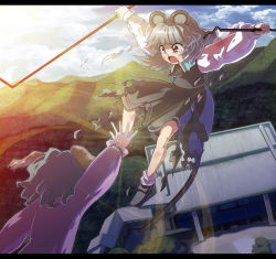 Rule 34 | 2girls, animal ears, architecture, battle, blood, blood from mouth, blue sky, bruise, cloud, day, dowsing rod, dress, east asian architecture, female focus, flying, forest, from behind, green hair, grey dress, grey hair, highres, injury, jewelry, kasodani kyouko, letterboxed, light trail, long sleeves, mountain, mouse ears, mouse tail, multiple girls, nature, nazrin, nosebleed, open hand, outstretched arm, pendant, red eyes, short hair, sky, syope, tail, tears, torn clothes, touhou