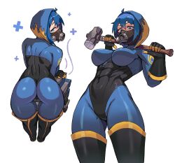 Rule 34 | 1girl, :d, abs, ass, black footwear, black gloves, blu pyro (tf2), blue bodysuit, blue eyes, blush, bodysuit, breasts, commentary, dispenser (team fortress), english commentary, flame print, from behind, gas mask, genderswap, genderswap (otf), gloves, half-closed eyes, hammer, hands up, healing, highres, holding, holding weapon, hood, hood up, impossible clothes, large breasts, leaning forward, looking at viewer, looking back, looking down, mask, multiple views, muscular, muscular female, open mouth, pyro (tf2), simple background, skin tight, sledgehammer, smile, team fortress 2, variant set, weapon, weapon on back, wersman, white background, zipper