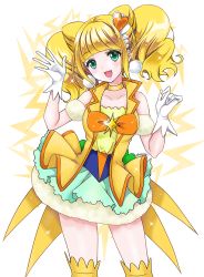 Rule 34 | 1girl, artist name, blonde hair, bow, breasts, brooch, bubble skirt, choker, cone hair bun, cowboy shot, cure sparkle, double bun, earrings, gloves, green eyes, hair bun, hair ornament, healin&#039; good precure, heart, heart hair ornament, hiramitsu hinata, jewelry, layered skirt, looking at viewer, magical girl, medium breasts, medium hair, okayashi, open mouth, orange bow, pom pom (clothes), pom pom earrings, precure, simple background, skirt, smile, solo, sparks, standing, star brooch, twintails, upper body, vest, white background, white gloves, white skirt, yellow choker, yellow vest