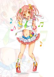 Rule 34 | 1girl, absurdres, blush, breasts, fortissimo, full body, green necktie, hair ornament, highres, holding, holding microphone, kneehighs, looking at viewer, medium breasts, microphone, midriff, musical note, musical note hair ornament, navel, necktie, open mouth, orange eyes, original, picpicgram, pink hair, short twintails, skirt, smile, socks, solo, standing, teeth, transparent background, treble clef, twintails, v, white background, white skirt, white socks