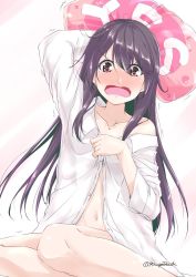Rule 34 | 1girl, akebono (kancolle), angry, blouse, blush, collared shirt, covering privates, dress shirt, embarrassed, fang, frown, hair down, holding, holding pillow, kantai collection, long hair, long sleeves, mikage takashi, navel, nose blush, open clothes, open mouth, open shirt, pillow, pink background, purple hair, shirt, sitting, solo, twitter username, v-shaped eyebrows, white shirt, yes-no pillow