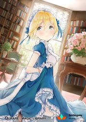 Rule 34 | 1girl, :&lt;, anco (melon85), apron, blonde hair, blush, bookshelf, chair, clothes lift, collar, dress, dress lift, flower, flower pot, frilled collar, frilled dress, frilled ribbon, frills, gloves, grey eyes, hand on own chest, maid, maid apron, maid headdress, official art, original, qurare magic library, ribbon, short hair, solo, table, watermark, white gloves, window, wooden chair, wooden table