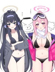 Rule 34 | 1other, 2girls, black hair, blue archive, blush, breasts, cleavage, collarbone, doodle sensei (blue archive), eimi (blue archive), eimi (swimsuit) (blue archive), female pubic hair, goggles, goggles on head, grey jacket, groin, hairband, halo, highres, jacket, k-y, large breasts, long hair, long sleeves, multiple girls, navel, official alternate costume, open clothes, open jacket, open mouth, pink eyes, pink hair, pink halo, pink jacket, ponytail, pubic hair, purple eyes, purple hairband, sensei (blue archive), simple background, ski goggles, small breasts, ui (blue archive), ui (swimsuit) (blue archive), very long hair, white background, yellow halo