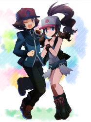 Rule 34 | 1boy, 1girl, ;d, ayateaori, baseball cap, black footwear, black pants, black vest, blue eyes, blue jacket, boots, brown hair, closed mouth, creatures (company), denim, denim shorts, eyelashes, game freak, hat, high ponytail, highres, hilbert (pokemon), hilda (pokemon), holding, holding poke ball, jacket, long hair, long sleeves, looking at viewer, multicolored background, nintendo, one eye closed, open mouth, orange eyes, pants, poke ball, poke ball (basic), pokemon, pokemon adventures, ponytail, red footwear, red hat, shirt, shoes, short hair, short shorts, shorts, sleeveless, sleeveless shirt, smile, torn clothes, torn shorts, vest, wavy hair, white hat, white shirt, wristband, x arms, zipper pull tab